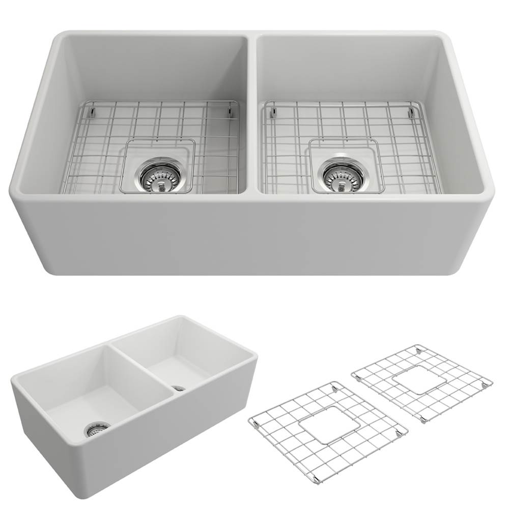 BOCCHI Classico Farmhouse Apron Front Fireclay 33 in. Double Bowl Kitchen Sink with Protective Bottom Grids and Strainers in Matte White