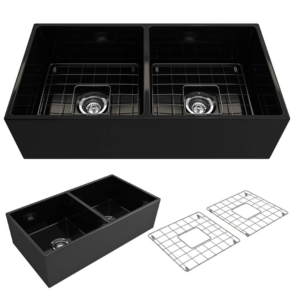 BOCCHI Contempo Apron Front Fireclay 36 in. Double Bowl Kitchen Sink with Protective Bottom Grids and Strainers in Matte Black