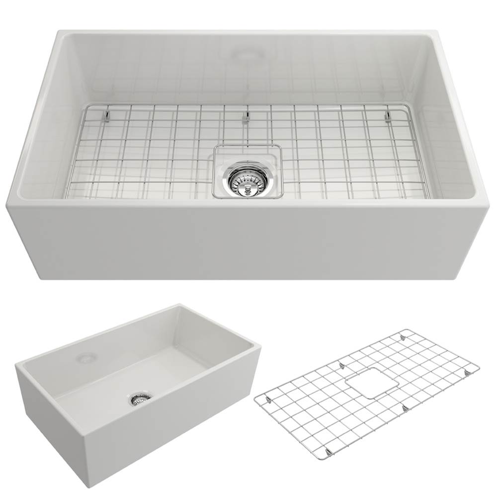 BOCCHI Contempo Apron Front Fireclay 33 in. Single Bowl Kitchen Sink w/Grid and Strainer in White