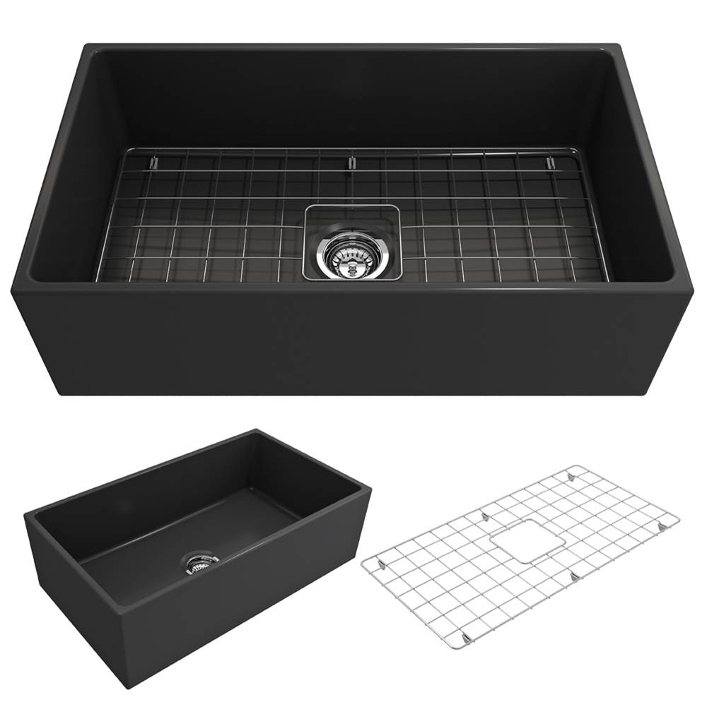 BOCCHI Contempo Apron Front Fireclay 33 in. Single Bowl Kitchen Sink with Protective Bottom Grid and Strainer in Matte Dark Gray