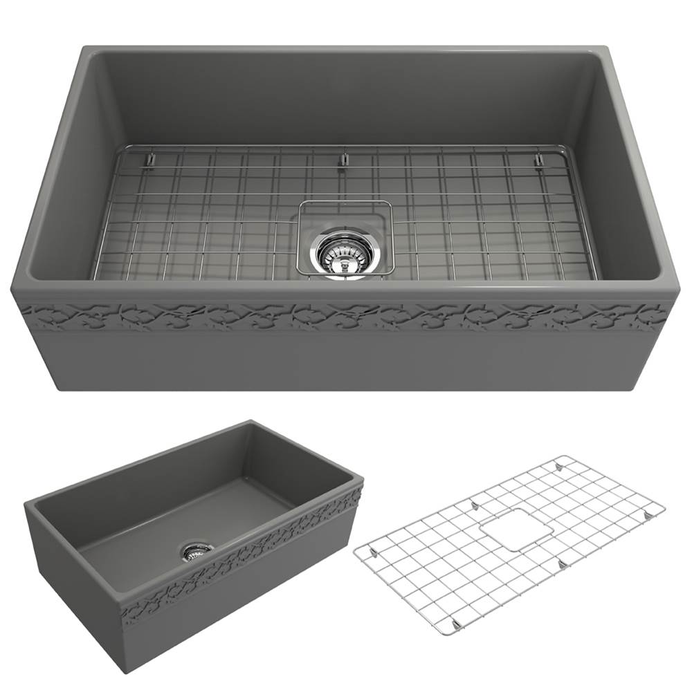 BOCCHI Vigneto Apron Front Fireclay 33 in. Single Bowl Kitchen Sink with Protective Bottom Grid and Strainer in Matte Gray