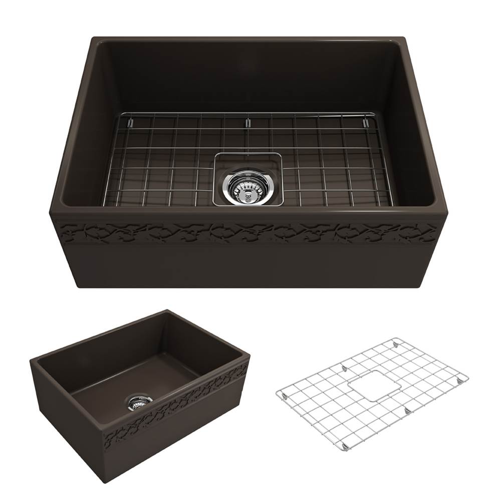 BOCCHI Vigneto Apron Front Fireclay 27 in. Single Bowl Kitchen Sink with Protective Bottom Grid and Strainer in Matte Brown