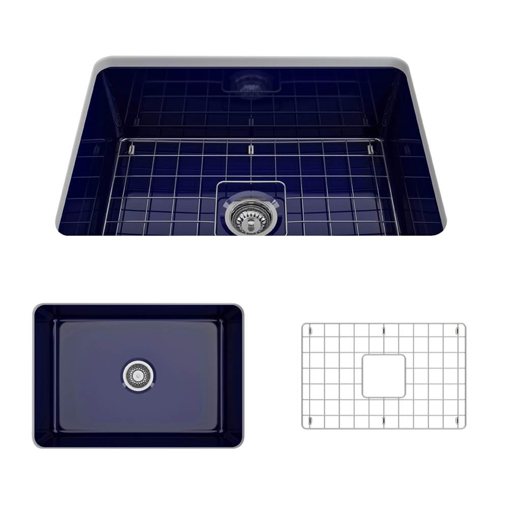 BOCCHI Sotto Dual-mount Fireclay 27 in. Single Bowl Kitchen Sink with Protective Bottom Grid and Strainer in Sapphire Blue