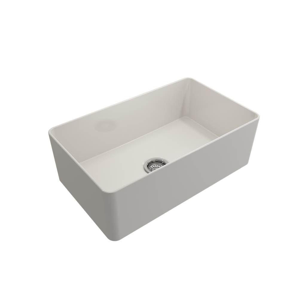 BOCCHI Aderci Ultra-Slim Farmhouse Apron Front Fireclay 30 in. Single Bowl Kitchen Sink with Protective Bottom Grid and Strainer in Biscuit