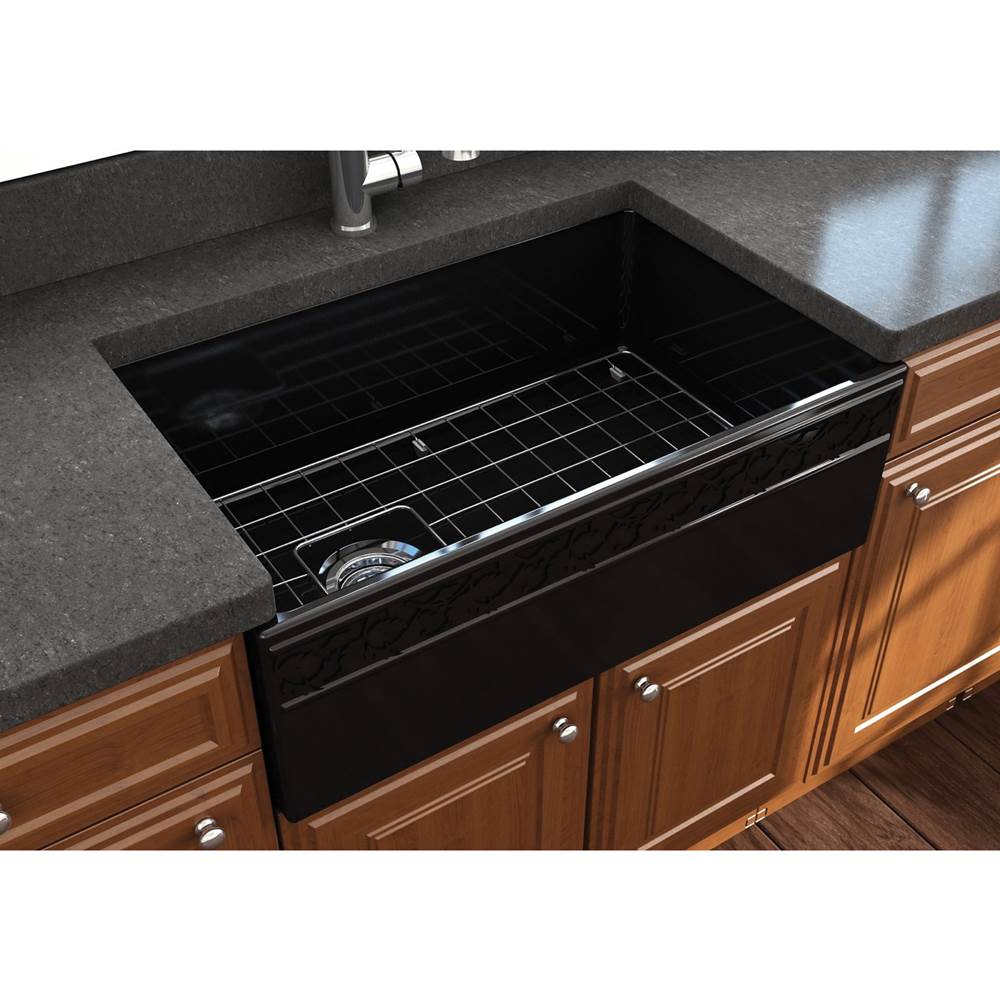 BOCCHI Vigneto Apron Front Fireclay 30 in. Single Bowl Kitchen Sink with Protective Bottom Grid and Strainer in Black