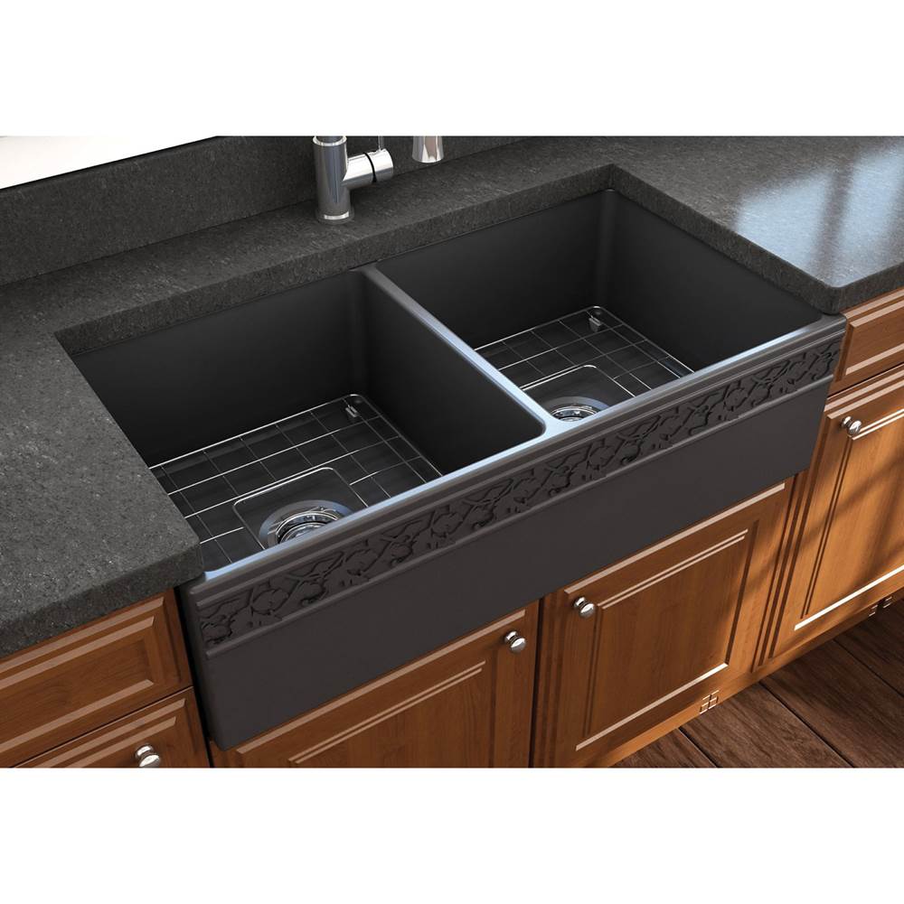 BOCCHI Vigneto Apron Front Fireclay 36 in. Double Bowl Kitchen Sink with Protective Bottom Grids and Strainers in Matte Dark Gray