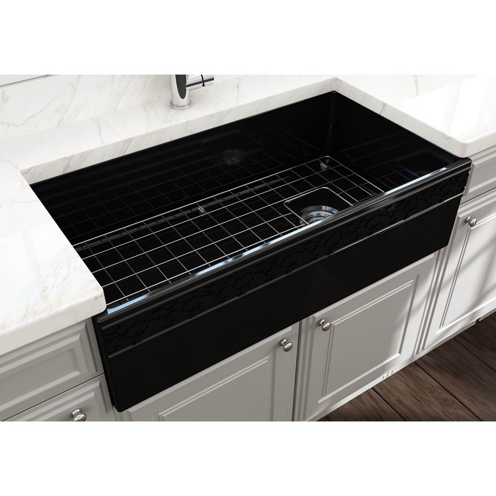 BOCCHI Vigneto Apron Front Fireclay 36 in. Single Bowl Kitchen Sink with Protective Bottom Grid and Strainer in Black