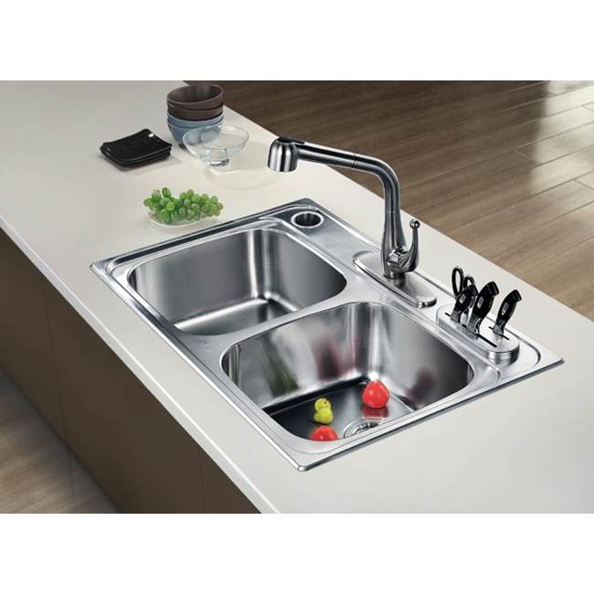 Dawn Top Mount Equal Double Bowl, 20G: 33''L X 22''W X 8-1/4''D (Outside), Comes With Uh322 Utensil Holder And Ks322 Knife Shelf