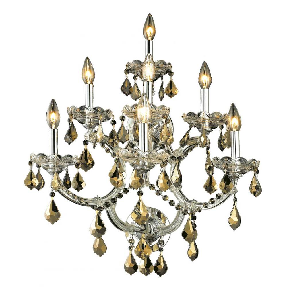 Elegant Lighting Maria Theresa 7 Light Chrome Wall Sconce Golden Teak (Smoky) Royal Cut Crystal