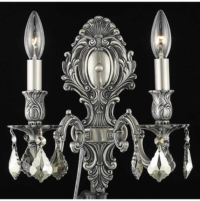 Elegant Lighting Monarch 2 Light Pewter Wall Sconce Golden Teak (Smoky) Royal Cut Crystal