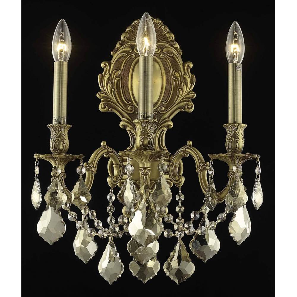 Elegant Lighting Monarch 3 Light French Gold Wall Sconce Golden Teak (Smoky) Royal Cut Crystal