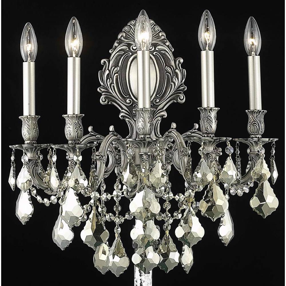Elegant Lighting Monarch 5 Light Pewter Wall Sconce Golden Teak (Smoky) Royal Cut Crystal