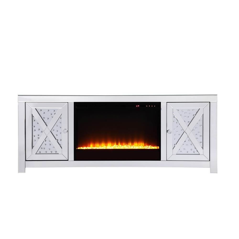 Elegant Lighting 59 In.Crystal Mirrored Tv Stand With Crystal Insert Fireplace
