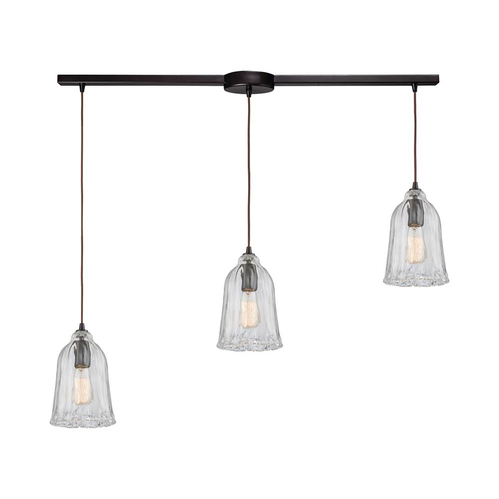 Elk Lighting Hand Formed Glass 3-Light Linear Mini Pendant Fixture in Oiled Bronze With Clear Hand-Formed Glass