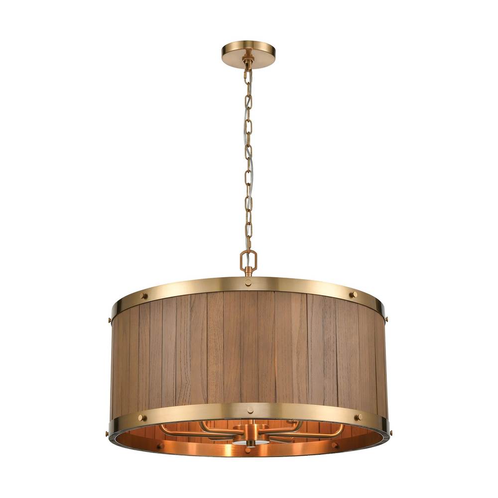 Elk Lighting Wooden Barrel 6-Light Chandelier in Satin Brass With Slatted Wood Shade in Medium Oak