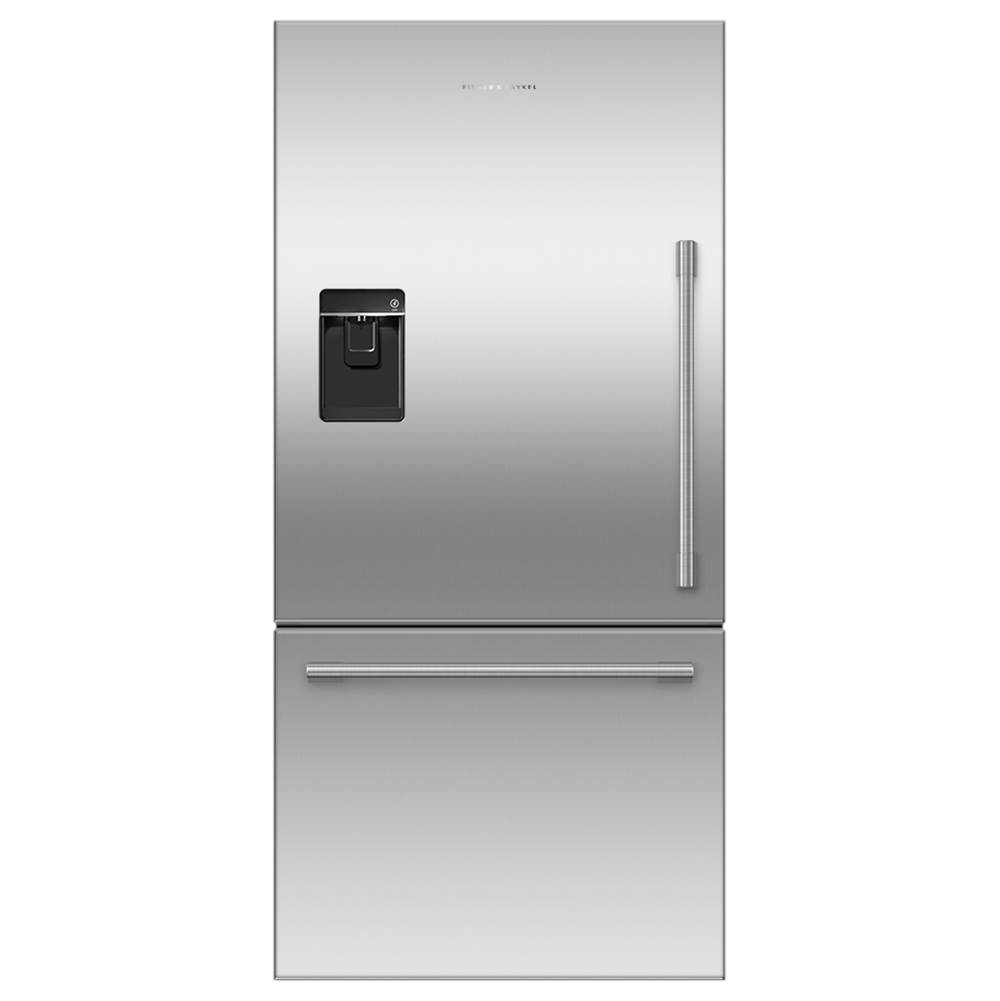 Fisher & Paykel 32'' Bottom Mount Refrigerator Freezer, Stainless Steel, 17.1 cu ft, Ice & External Water, Counter Depth, Left Hinge, Professional Round Flush Handle