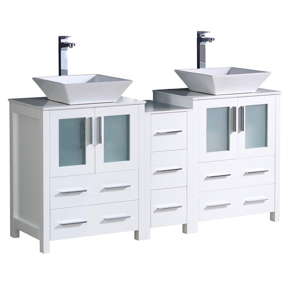 Fresca Bath Fresca Torino 60'' White Modern Double Sink Bathroom Cabinets w/ Tops & Vessel Sinks
