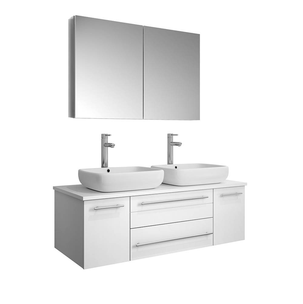 Fresca Bath Fresca Lucera 48'' White Wall Hung Double Vessel Sink Modern Bathroom Vanity w/ Medicine Cabinet