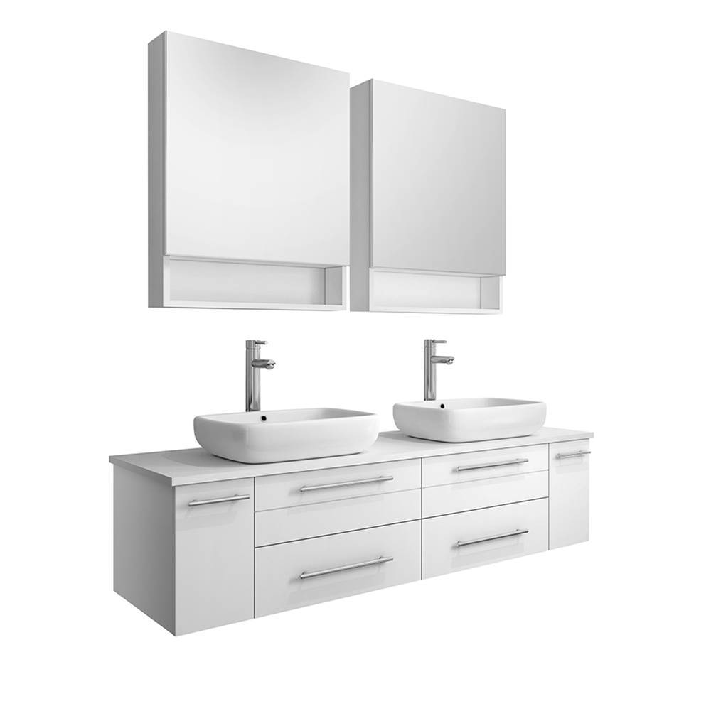 Fresca Bath Fresca Lucera 60'' White Wall Hung Double Vessel Sink Modern Bathroom Vanity w/ Medicine Cabinets