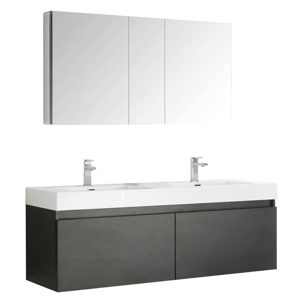Fresca Bath Fresca Mezzo 60'' Black Wall Hung Double Sink Modern Bathroom Vanity w/ Medicine Cabinet