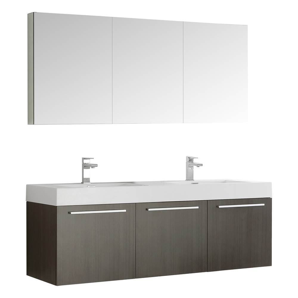 Fresca Bath Fresca Vista 60'' Gray Oak Wall Hung Double Sink Modern Bathroom Vanity w/ Medicine Cabinet