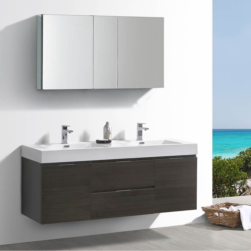 Fresca Bath Fresca Valencia 60'' Gray Oak Wall Hung Double Sink Modern Bathroom Vanity w/ Medicine Cabinet