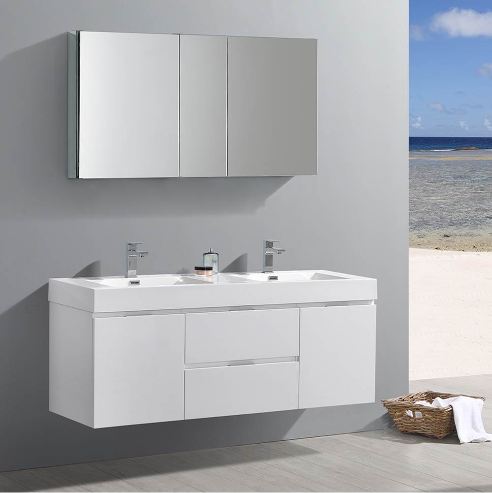 Fresca Bath Fresca Valencia 60'' Glossy White Wall Hung Double Sink Modern Bathroom Vanity w/ Medicine Cabinet
