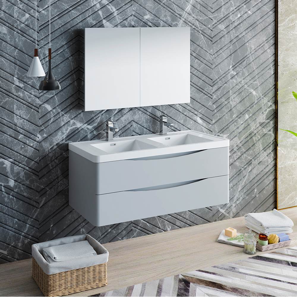 Fresca Bath Fresca Tuscany 48'' Glossy Gray Wall Hung Double Sink Modern Bathroom Vanity w/ Medicine Cabinet