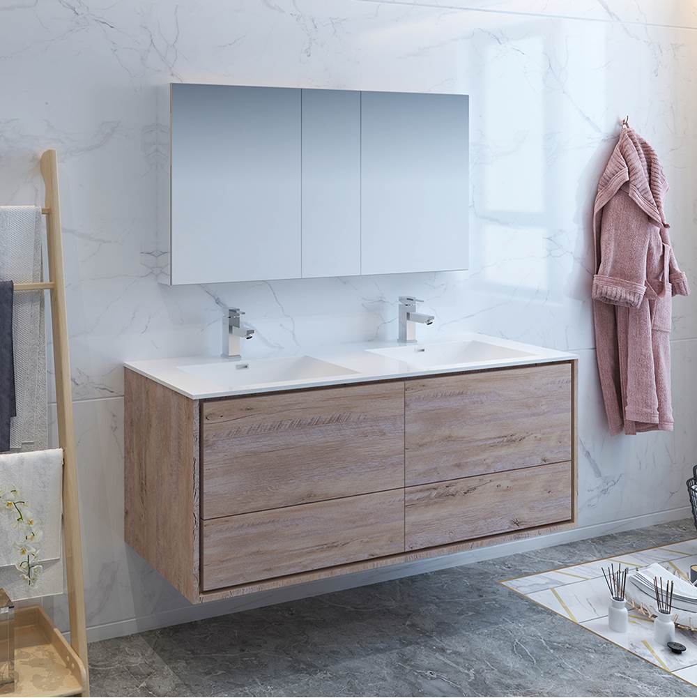 Fresca Bath Fresca Catania 60'' Rustic Natural Wood Wall Hung Double Sink Modern Bathroom Vanity w/ Medicine Cabinet