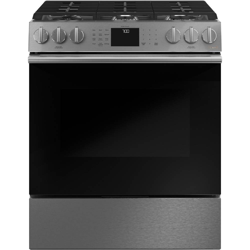 Cafe Cafe 30'' Smart Slide-In, Front-Control, Gas Range with Convection Oven in Platinum Glass