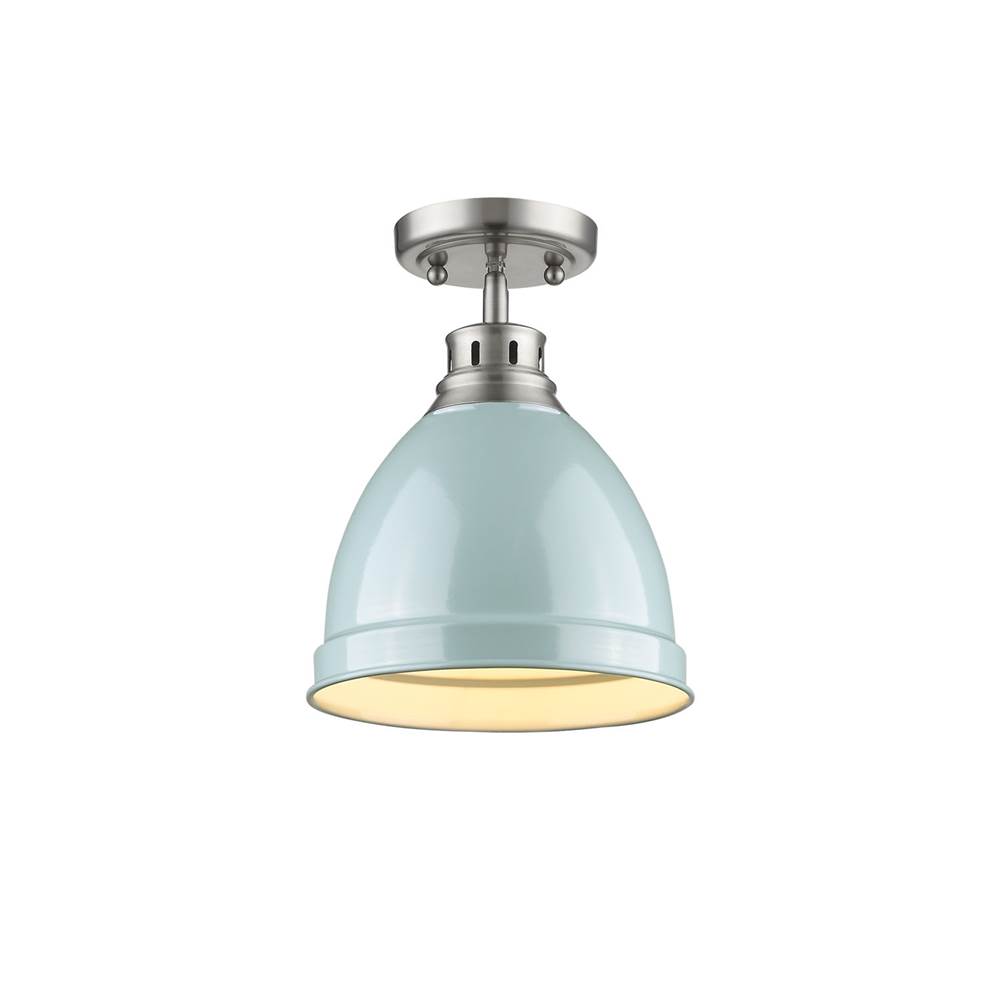 Golden Lighting Duncan Flush Mount in Pewter with a Seafoam Shade