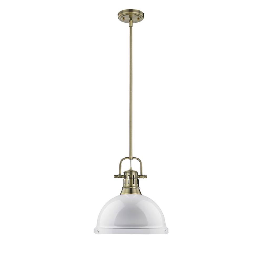 Golden Lighting Duncan 1 Light Pendant with Rod in Aged Brass with a White Shade