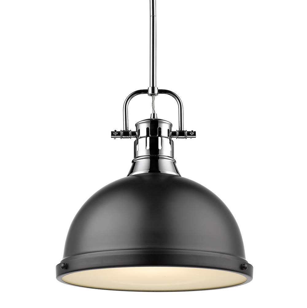 Golden Lighting Duncan 1 Light Pendant with Rod in Chrome with a Matte Black Shade
