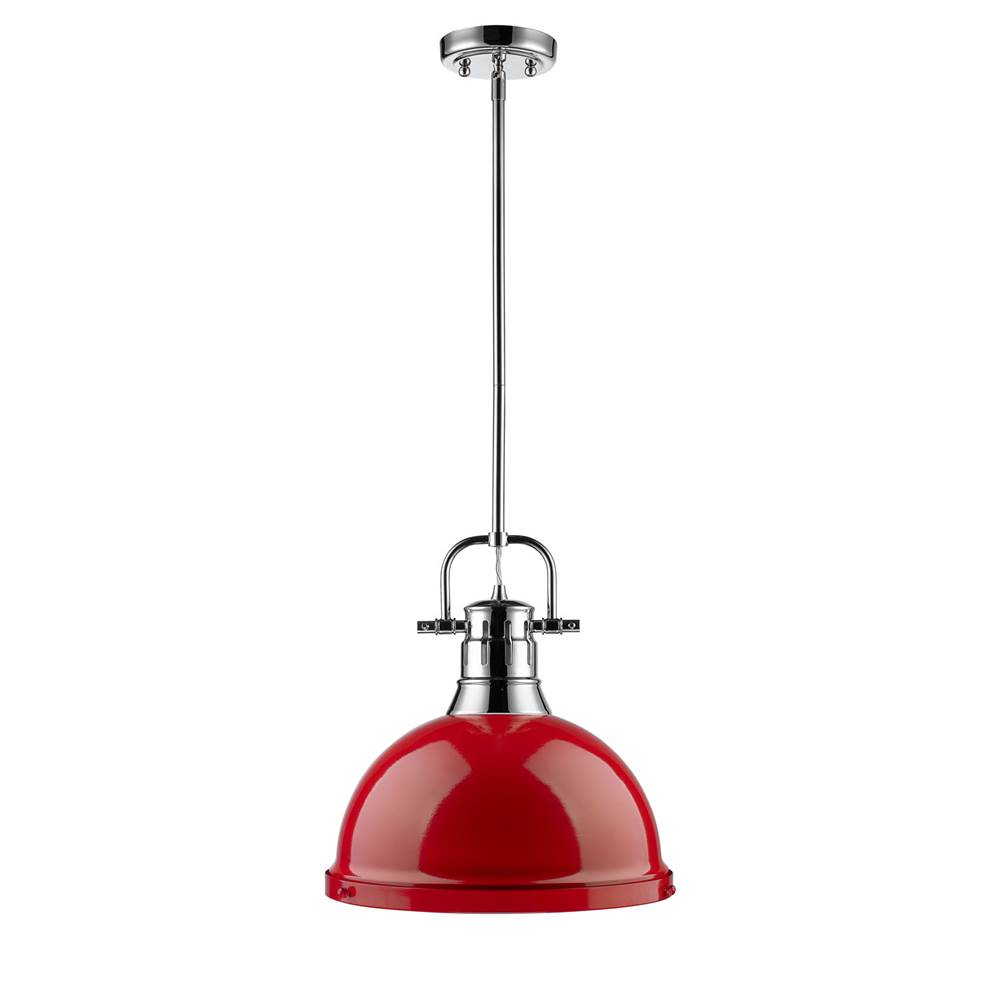 Golden Lighting Duncan 1 Light Pendant with Rod in Chrome with a Red Shade