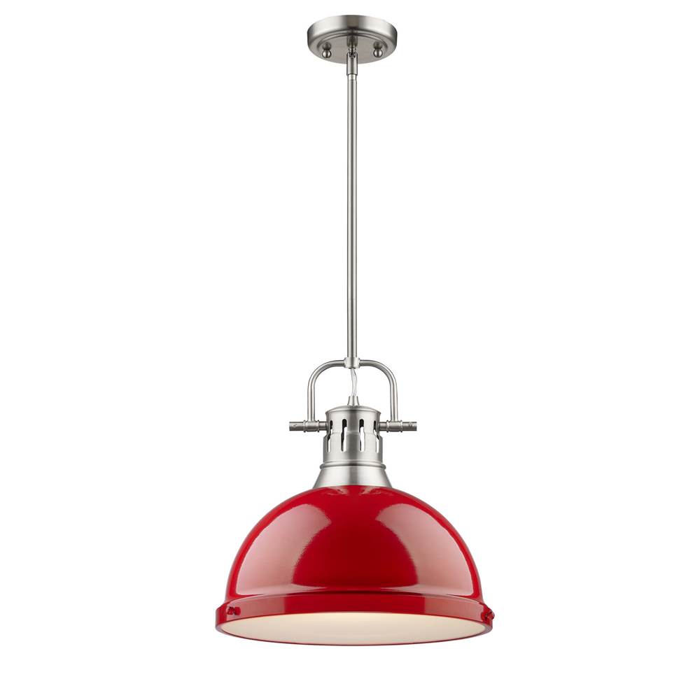 Golden Lighting Duncan 1 Light Pendant with Rod in Pewter with a Red Shade