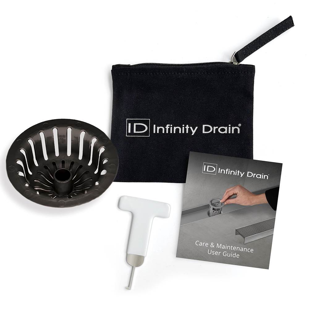 Infinity Drain Hair Maintenance Kit. Includes maintenance guide, WKEY Lift-out key, and HS 4B Hair Strainer in black.
