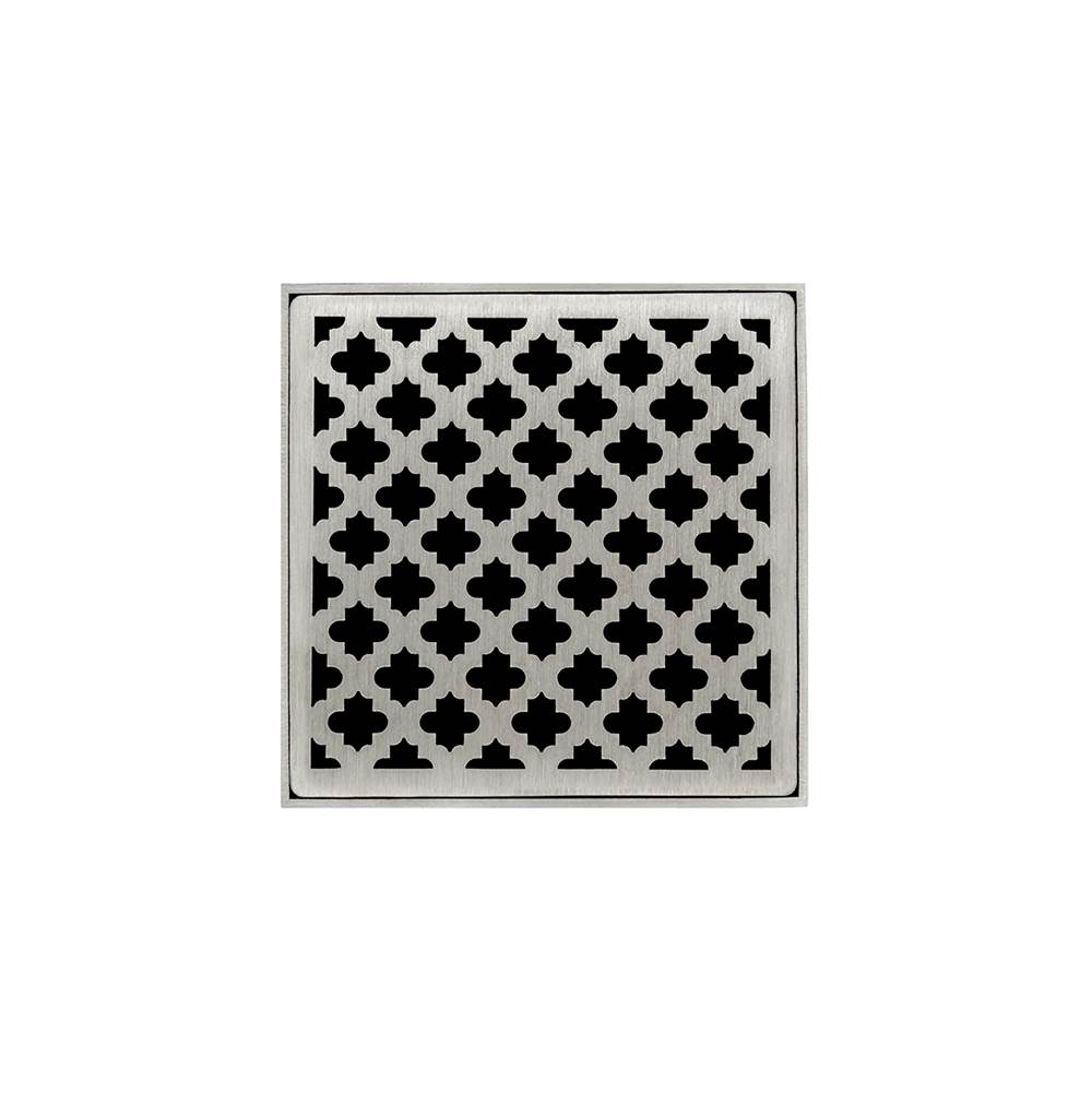 Infinity Drain 5'' x 5'' MD 5 High Flow Complete Kit with Moor Pattern Decorative Plate in Satin Stainless with ABS Drain Body, 3'' Outlet