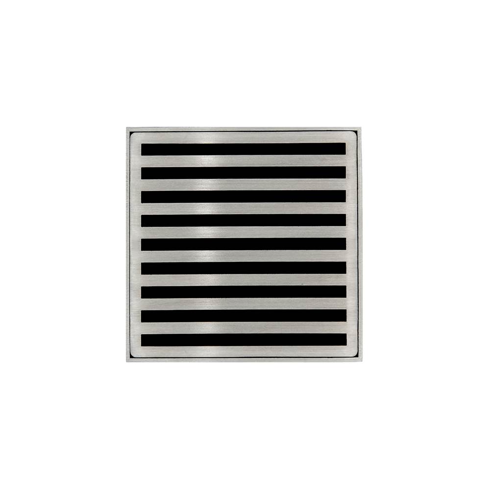 Infinity Drain 4'' x 4'' NDB 4 Complete Kit with Lines Pattern Decorative Plate in Satin Stainless with ABS Bonded Flange Drain Body, 2'', 3'' and 4'' Outlet