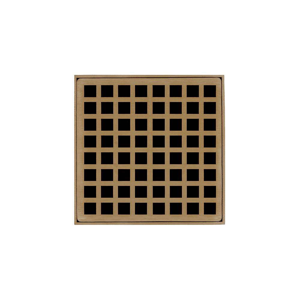 Infinity Drain 5'' x 5'' QDB 5 Complete Kit with Squares Pattern Decorative Plate in Satin Bronze with PVC Bonded Flange Drain Body, 2'', 3'' and 4'' Outlet