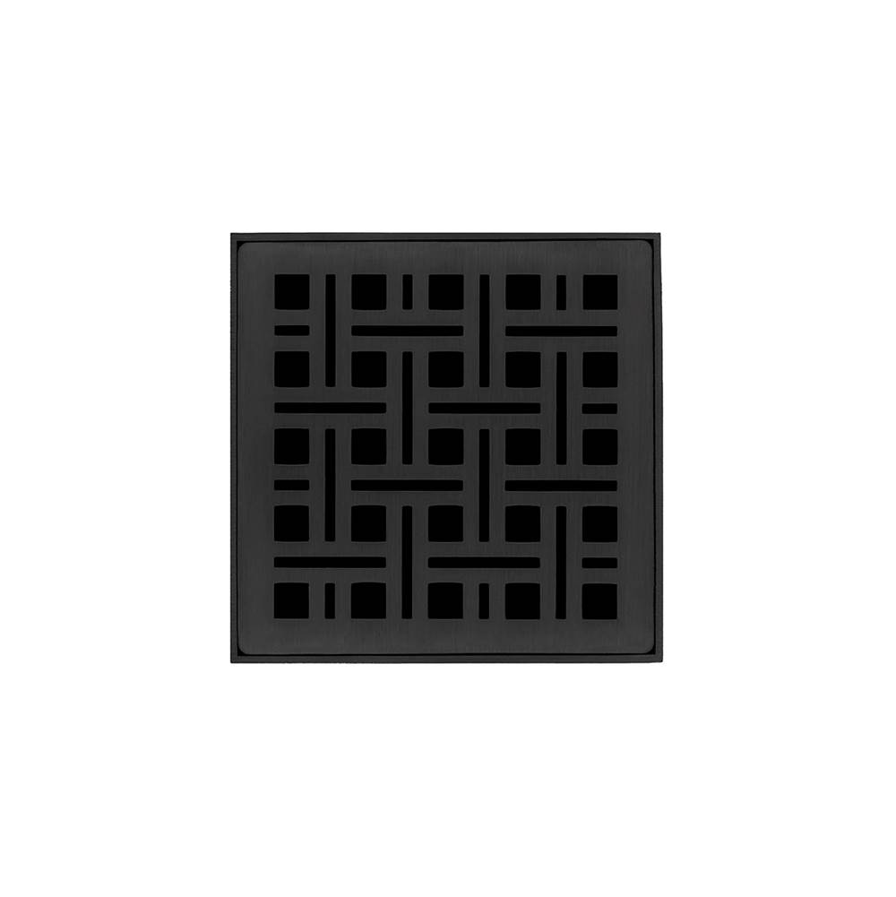 Infinity Drain 4'' x 4'' VD 4 Complete Kit with Weave Pattern Decorative Plate in Matte Black with Cast Iron Drain Body, 2'' Outlet
