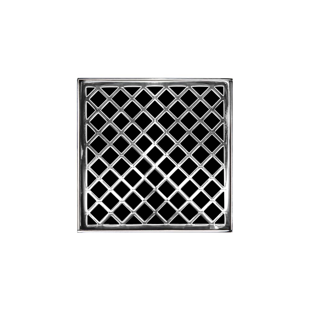 Infinity Drain 5'' x 5'' XD 5 Complete Kit with Criss-Cross Pattern Decorative Plate in Polished Stainless with Cast Iron Drain Body, 2'' Outlet