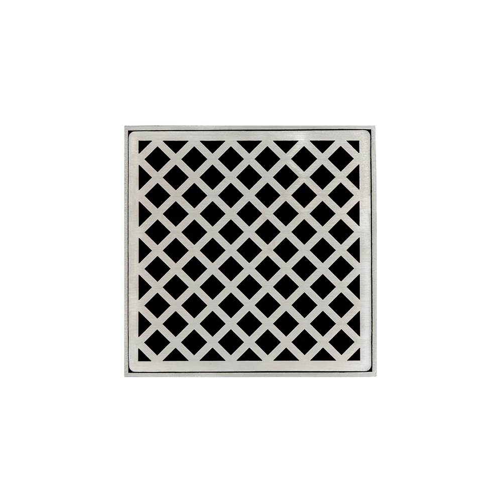 Infinity Drain 5'' x 5'' XDB 5 Complete Kit with Criss-Cross Pattern Decorative Plate in Satin Stainless with ABS Bonded Flange Drain Body, 2'', 3'' and 4'' Outlet