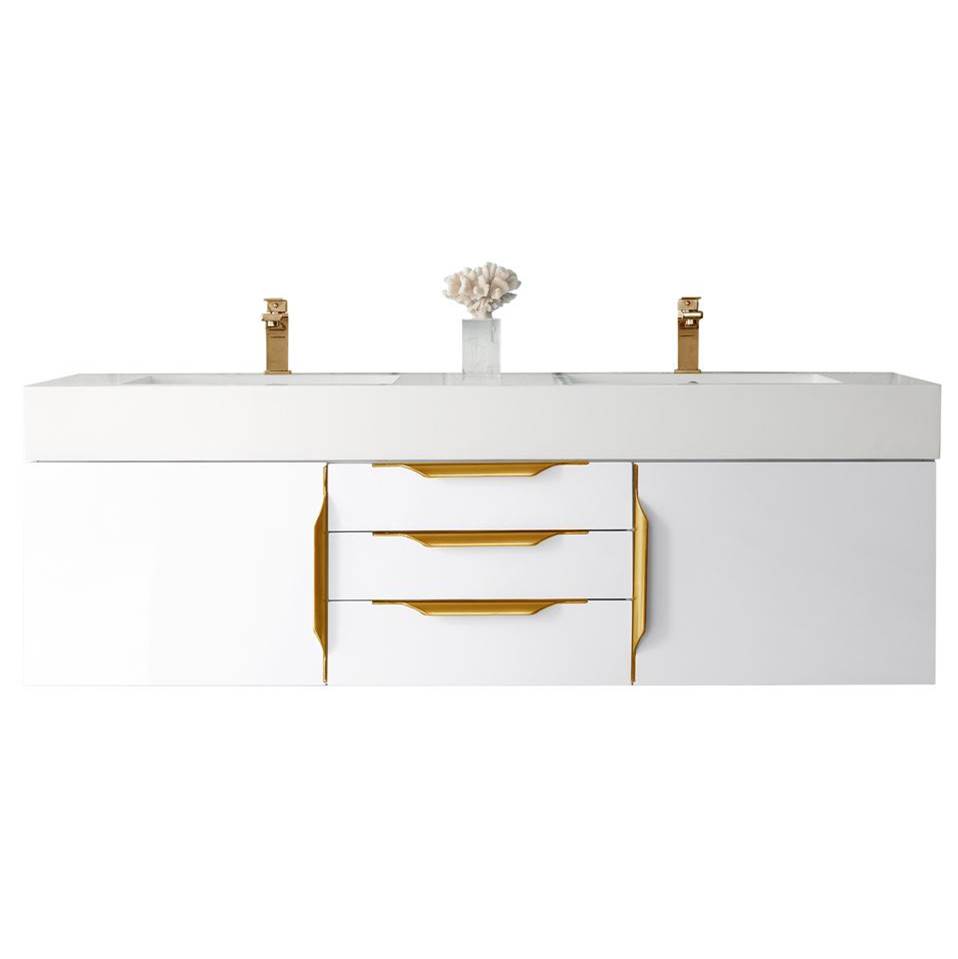 James Martin Vanities Mercer Island 59'' Double Vanity, Glossy White, Radiant Gold w/ Glossy White Composite Top