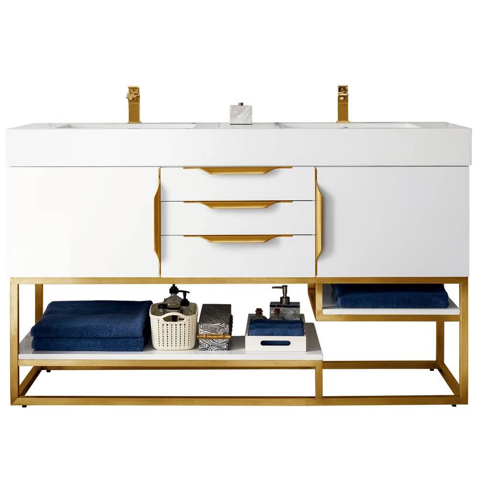 James Martin Vanities Columbia 59'' Double Vanity, Glossy White, Radiant Gold w/ Glossy White Composite Top