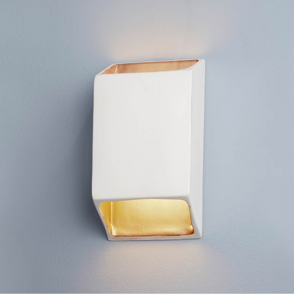 Justice Design Large Outdoor ADA Tapered Rectangle LED Wall Sconce (Open Top and Bottom) in Matte White with Champagne Gold internal finish