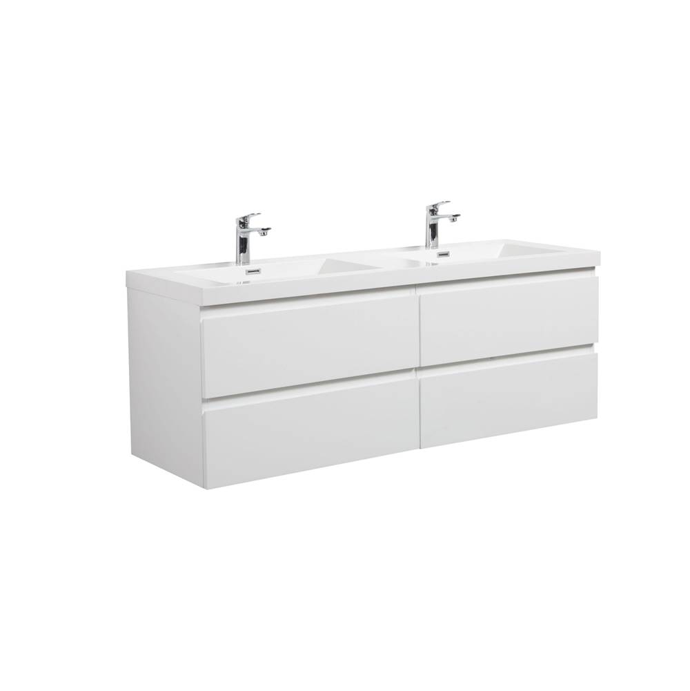 LAVIVA Aurora 60'' Glossy Polar White Wall Hung Double Sink Bathroom Vanity with White Acrylic Countertop