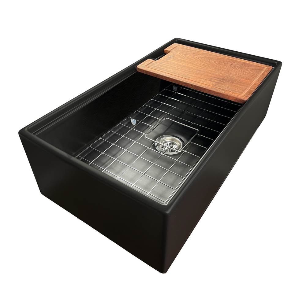 Nantucket Sinks 33 Inch Matte Black Farmhouse Workstation Fireclay Sink With Centered Drain, Integral Shelf For Cutting Board, Bottom Grid And Drain
