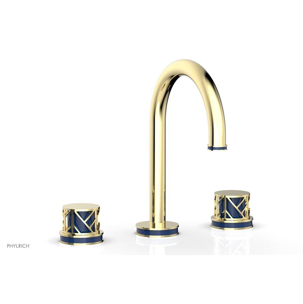 Phylrich Polished Gold Jolie Widespread Lavatory Faucet With Gooseneck Spout, Round Cutaway Handles, And Navy Blue Accents - 1.2GPM
