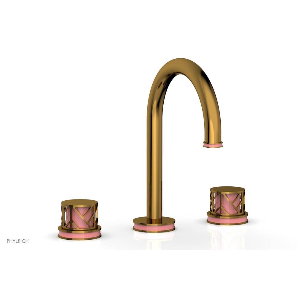 Phylrich Satin Chrome Jolie Widespread Lavatory Faucet With Gooseneck Spout, Round Cutaway Handles, And Pink Accents - 1.2GPM