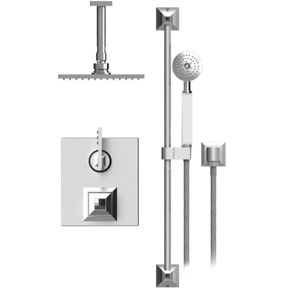 Rubinet Temperature Control Shower With Two Way Diverter & Shut-Off, Hand Held Shower, Bar, Integral Supply & Fixed Shower Head & Arm 8'' Ceiling Mount Trim O
